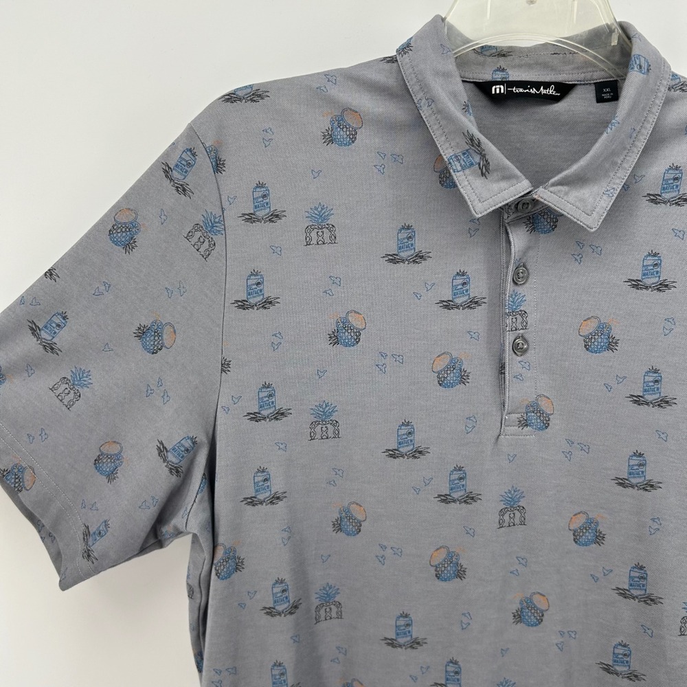 TravisMathew Polo Shirt Mens XXL Grey Pineapple Can Print Golf Casual Resortwear